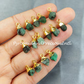 Raw Emerald Charm, Gold Electroplated Pendant Connectors, Rough Gemstone Connectors, Sold By Piece
